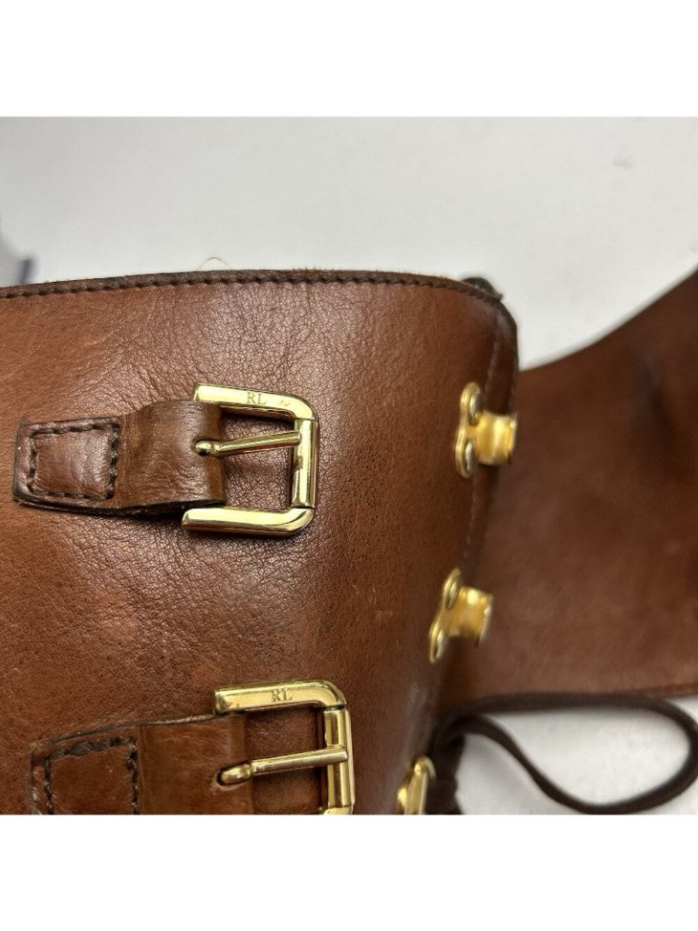 Ralph Lauren Collection 8B Brown Leather Lace Up Knee High Boots Buckle Heels - Picture 9 of 16